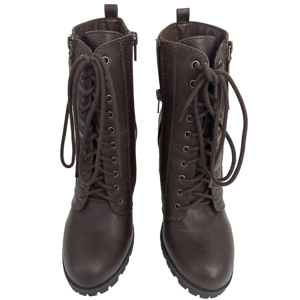 SODA Malia Women Round Toe Stacked Lug Heel Lace Up Ankle Combat Booties Brwn 10